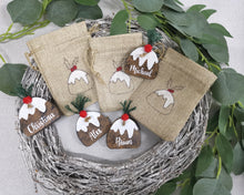 Load image into Gallery viewer, Mini Burlap Treat bag with personalised Christmas pudding