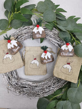 Load image into Gallery viewer, Mini Burlap Treat bag with personalised Christmas pudding