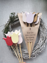 Load image into Gallery viewer, Bunch of 5 Wooden Tulips with personalised gift wrap
