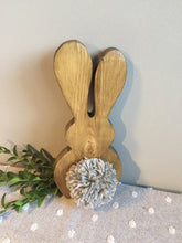Load image into Gallery viewer, Freestanding Wooden Rabbit Bunny with Grey pom pom tail Easter gift Nursery Home Decor