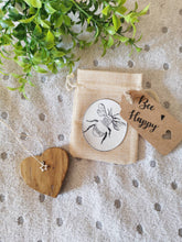 Load image into Gallery viewer, Bee Happy Letterbox Gift, Solid Wood keepsake Heart in Bumblebee Bag