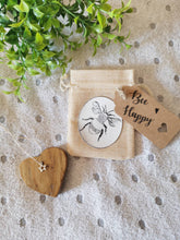 Load image into Gallery viewer, Bee Happy Letterbox Gift, Solid Wood keepsake Heart in Bumblebee Bag
