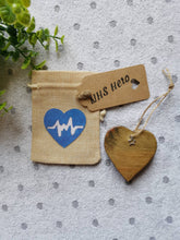 Load image into Gallery viewer, NHS HERO Letterbox Gift, Solid Wood keepsake Heart in Mini Burlap Gift Bag, Thank you NHS Gift,