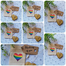 Load image into Gallery viewer, Lockdown Gifts, Letterbox gift, Solid Wood keepsake Heart in Rainbow Gift Bag, positivity, mental health, Missing you, Love you, Stay strong
