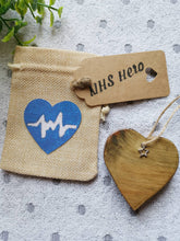 Load image into Gallery viewer, NHS HERO Letterbox Gift, Solid Wood keepsake Heart in Mini Burlap Gift Bag, Thank you NHS Gift,