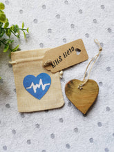Load image into Gallery viewer, NHS HERO Letterbox Gift, Solid Wood keepsake Heart in Mini Burlap Gift Bag, Thank you NHS Gift,