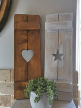 Load image into Gallery viewer, Wooden Shutters, rustic home decor, star decor, heart decor, handmade wooden panels,