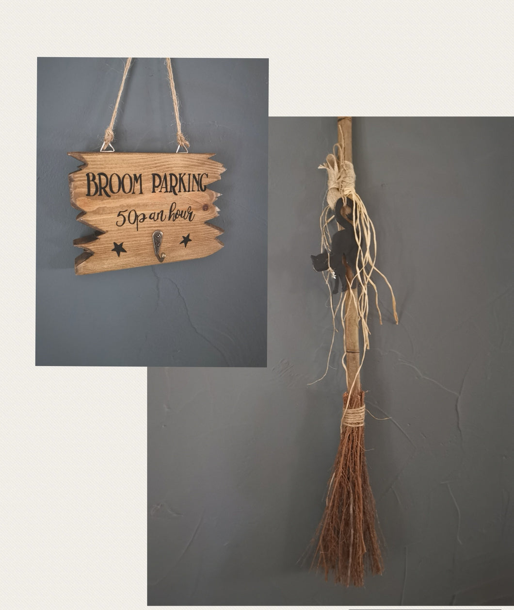 Broomstick with sign and black cat