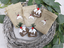 Load image into Gallery viewer, Mini Burlap Treat bag with personalised Christmas pudding
