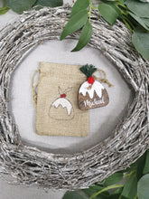 Load image into Gallery viewer, Mini Burlap Treat bag with personalised Christmas pudding
