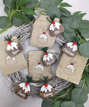Load image into Gallery viewer, Mini Burlap Treat bag with personalised Christmas pudding
