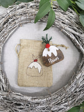 Load image into Gallery viewer, Mini Burlap Treat bag with personalised Christmas pudding
