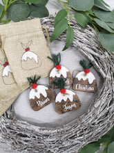 Load image into Gallery viewer, Mini Burlap Treat bag with personalised Christmas pudding

