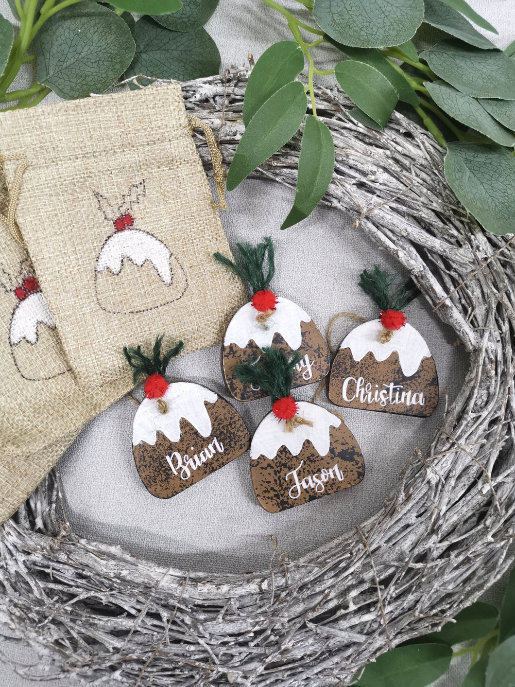 Mini Burlap Treat bag with personalised Christmas pudding