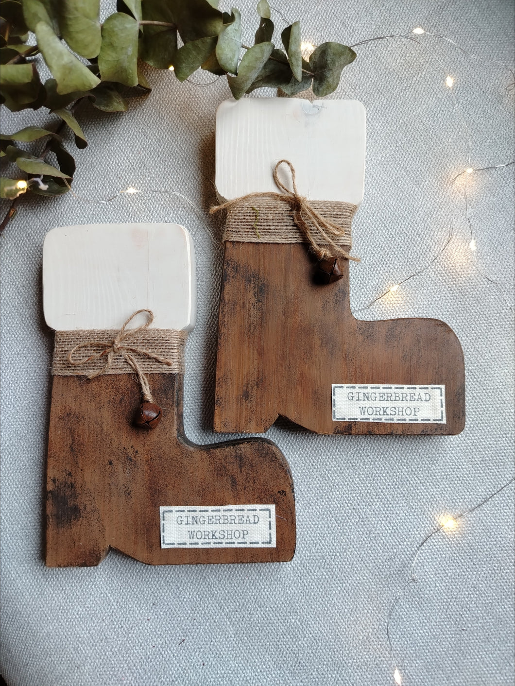 Pair of wooden santa boots