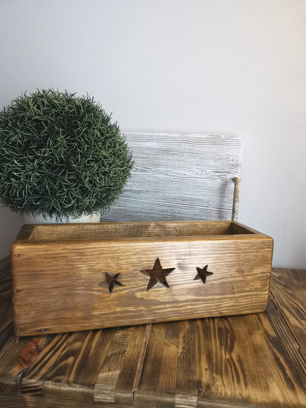 Wooden Storage Crate, country decor plant display , Dark Oak Stars