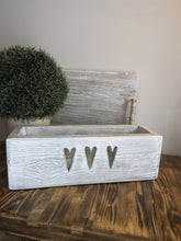 Load image into Gallery viewer, Wooden Storage Crate, country decor plant display , Grey/White Hearts
