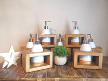 Load image into Gallery viewer, White Soap Dispenser in wooden holder
