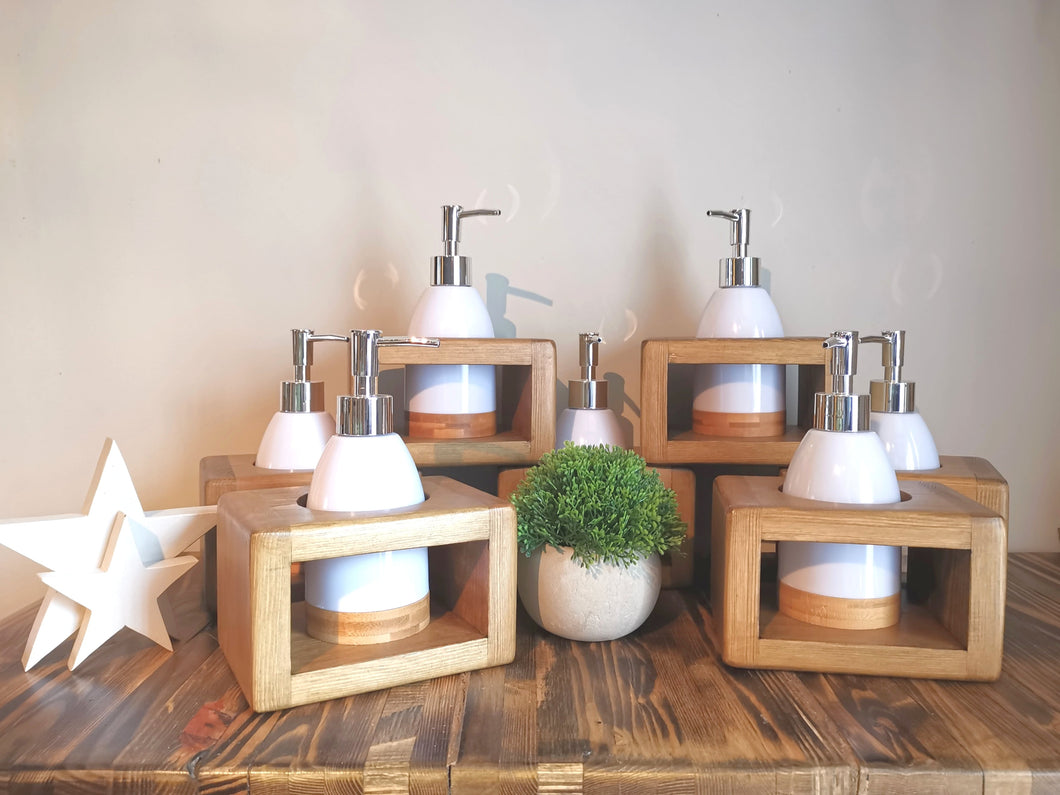 White Soap Dispenser in wooden holder