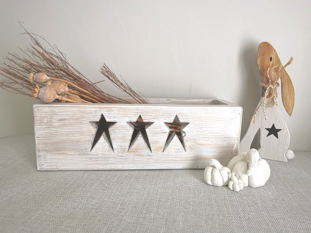 Wooden Storage Crate, country decor plant display , Rustic White Stars