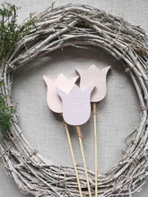 Load image into Gallery viewer, Bunch of 5 Wooden Tulips with personalised gift wrap
