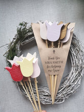Load image into Gallery viewer, Bunch of 5 Wooden Tulips with personalised gift wrap
