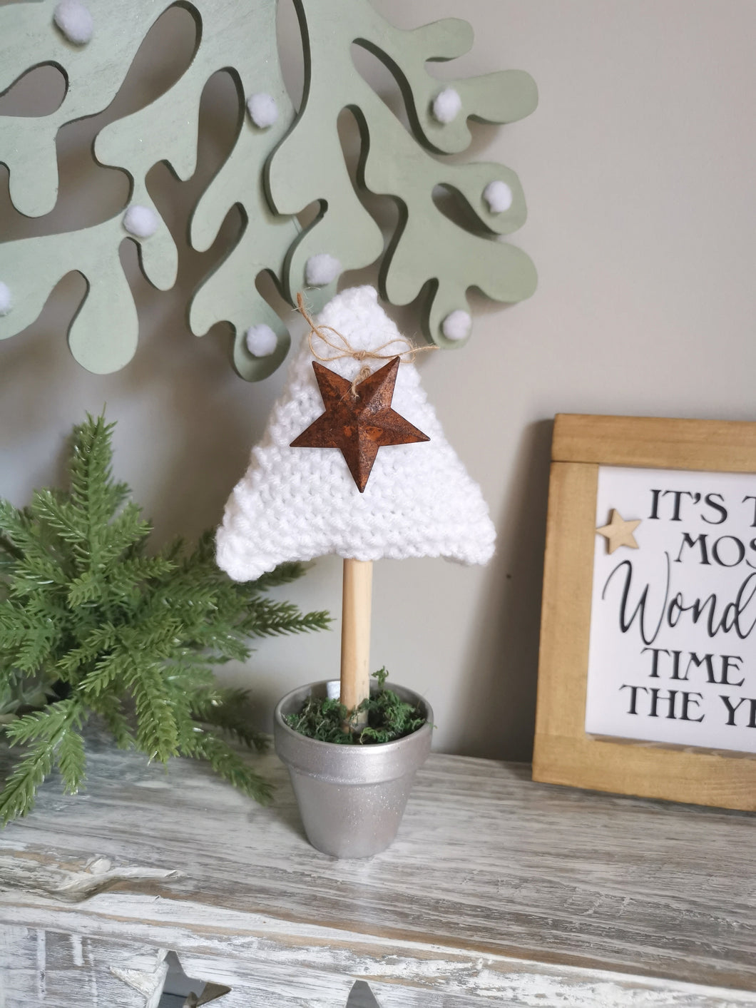 White Knitted Tree in Painted Terracotta pots