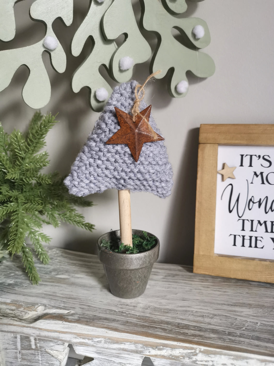 Grey Knitted Tree in Painted Terracotta pots