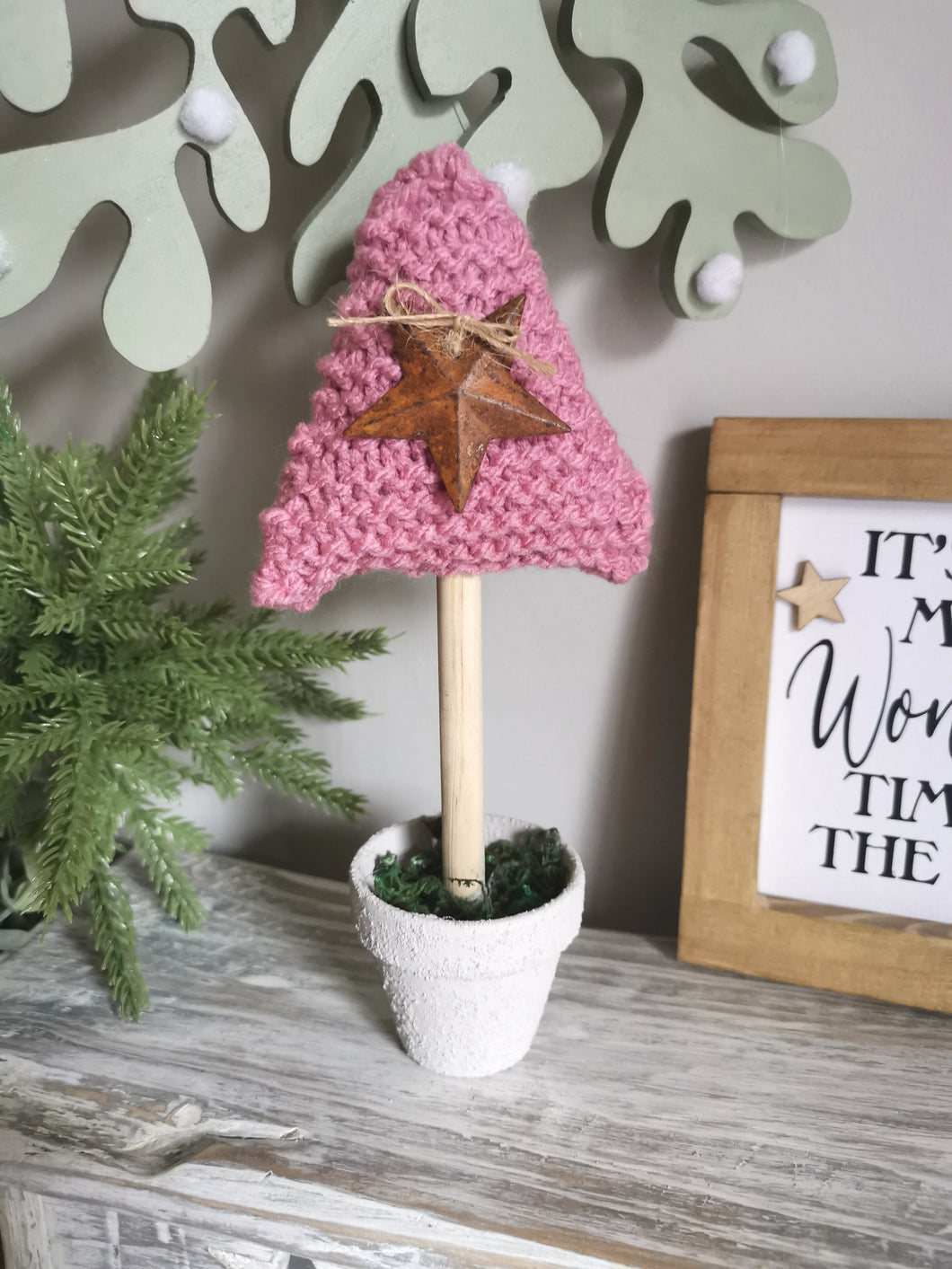 Pink Knitted Tree in Painted Terracotta pots