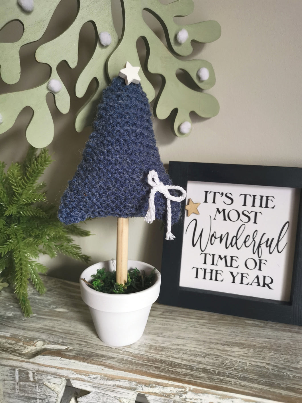 Blue Knitted Tree in Painted Terracotta pots