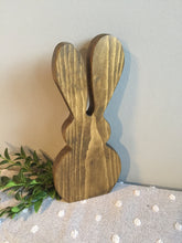 Load image into Gallery viewer, Freestanding Wooden Rabbit Bunny with multi coloured pom pom tail Easter Gift Nursery Home Decor . Can be Personalised
