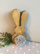 Load image into Gallery viewer, Freestanding Wooden Rabbit Bunny with Grey pom pom tail Easter gift Nursery Home Decor
