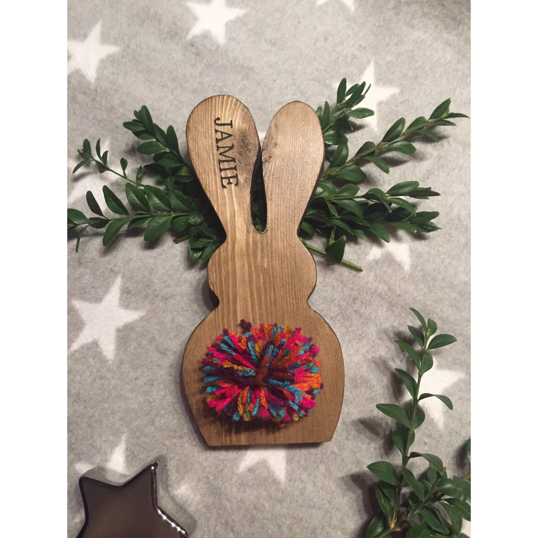 Freestanding Wooden Rabbit Bunny with multi coloured pom pom tail Easter Gift Nursery Home Decor . Can be Personalised