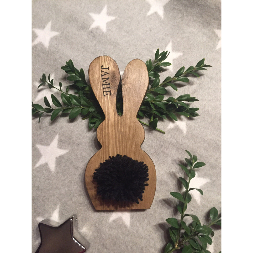 Freestanding Wooden Rabbit Bunny with black pom pom tail Easter Gift Nursery Home Decor Interiors , can be Personalised