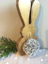 Load image into Gallery viewer, Freestanding Wooden Rabbit Bunny with Grey pom pom tail Easter gift Nursery Home Decor
