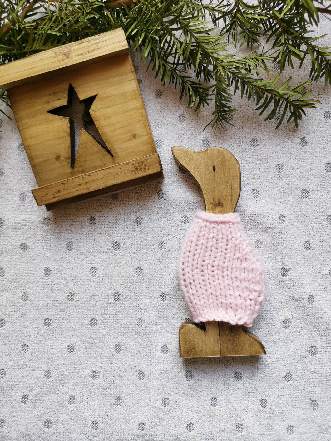Wooden Duck with knitted wooly jumper, Letterbox gift, Wooden home decor gifts, Country decor,
