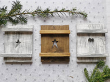 Load image into Gallery viewer, Small wooden shutter, spring home decor display, hearts or stars, rustic interiors, gift, homewares
