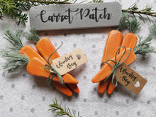 Load image into Gallery viewer, Set of 3 Wooden Carrots, Spring decor, rustic primitive farmhouse Country kitchen, wonky veg, vegetable display
