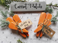 Load image into Gallery viewer, Set of 3 Wooden Carrots, Spring decor, rustic primitive farmhouse Country kitchen, wonky veg, vegetable display
