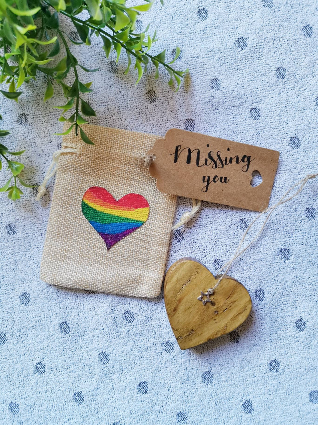 Lockdown Gifts, Letterbox gift, Solid Wood keepsake Heart in Rainbow Gift Bag, positivity, mental health, Missing you, Love you, Stay strong