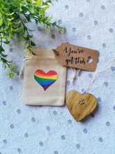 Load image into Gallery viewer, Lockdown Gifts, Letterbox gift, Solid Wood keepsake Heart in Rainbow Gift Bag, positivity, mental health, Missing you, Love you, Stay strong
