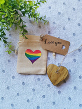 Load image into Gallery viewer, Lockdown Gifts, Letterbox gift, Solid Wood keepsake Heart in Rainbow Gift Bag, positivity, mental health, Missing you, Love you, Stay strong
