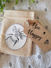 Load image into Gallery viewer, Bee Happy Letterbox Gift, Solid Wood keepsake Heart in Bumblebee Bag

