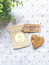 Load image into Gallery viewer, Letterbox Gift Gin Lovers, Solid Wood keepsake Heart in Gift Bag, Keep calm &amp; drink gin with personalised tag, Teachers gift
