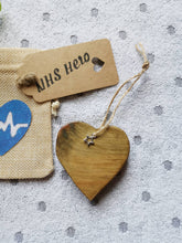 Load image into Gallery viewer, NHS HERO Letterbox Gift, Solid Wood keepsake Heart in Mini Burlap Gift Bag, Thank you NHS Gift,

