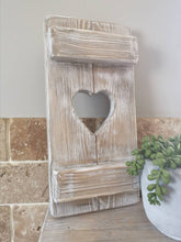 Load image into Gallery viewer, Rustic Shutter Panel, wooden primitive home decor, heart shutter, rustic white interiors
