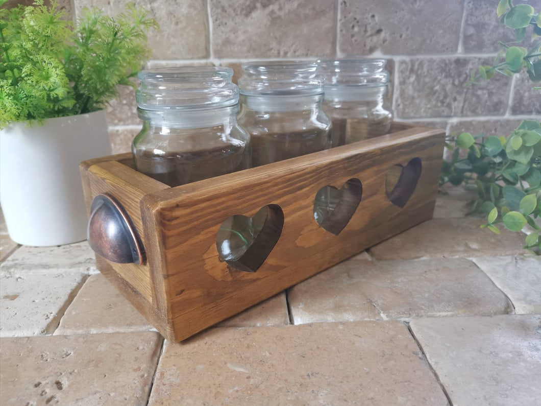 Tea coffee sugar cannisters with holder, wooden jar storage, kitchen accessories