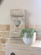 Load image into Gallery viewer, Rustic Shutter Panel, wooden primitive home decor, heart shutter, rustic white interiors

